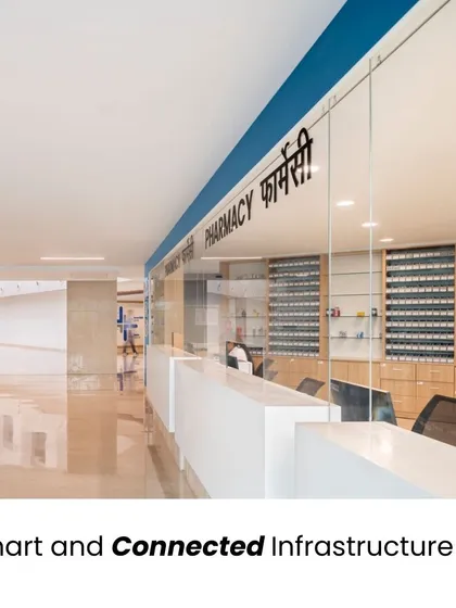 A core principle of our work is creating smart and connected infrastructure where every component is integrated. This view of a modern hospital pharmacy demonstrates how physical design and digital systems converge to ensure efficient service delivery and seamless operations.