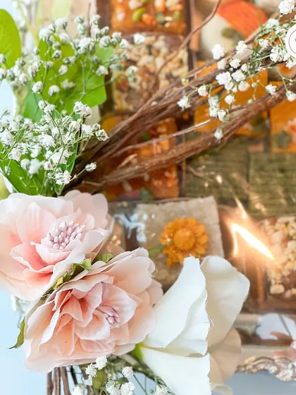 Another detail shot of the mithai hamper, highlighting the textures of the sweets and the rustic branch accents.