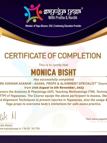 A certificate for a graduate of our 'Sthira Sukham Asanam' course. This teacher is now ready to share the principles of individualized alignment and injury prevention.