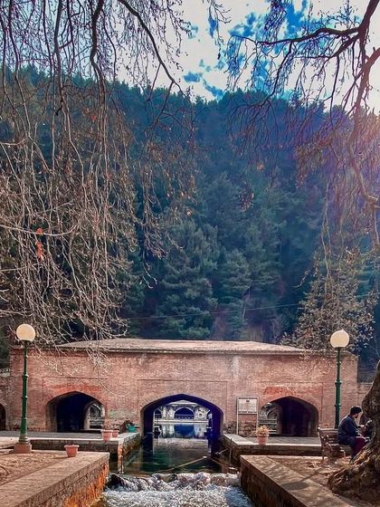 The historic Verinag spring in Kashmir, the source of the Jhelum river, framed by ancient Chinar trees. This place feels heavy with history and the quiet power of nature.