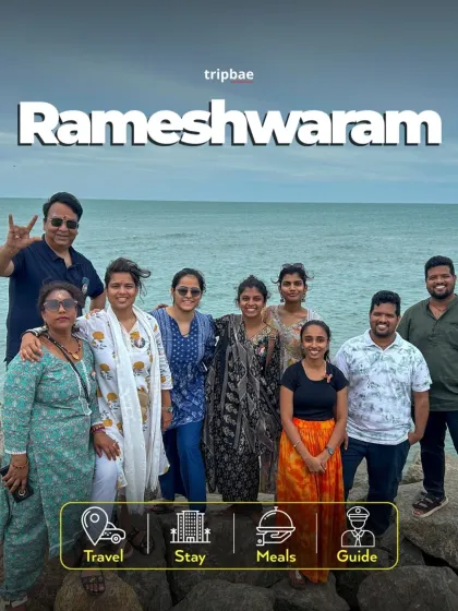 Another shot from our Rameshwaram trip, with the group enjoying the ocean view. The icons show that travel, stay, meals, and a guide are all included.
