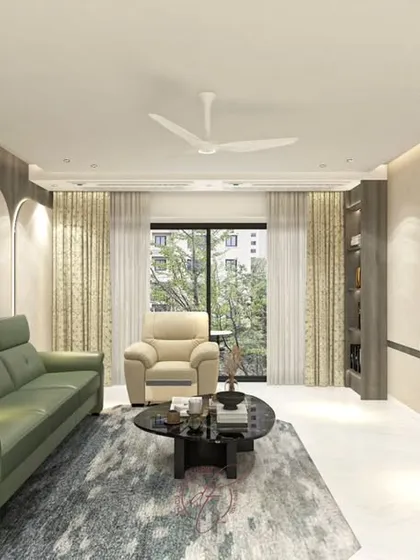 This visualization shows the living area from another perspective, emphasizing the natural light from the large windows and the comfortable, functional furniture arrangement.