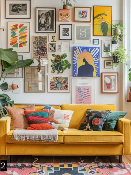 Make a bold statement with an Artsy Eclectic gallery wall. A vibrant mix of colorful prints, varied frame styles, and unconventional art pieces turns the wall above your sofa into a dynamic and creative centerpiece.