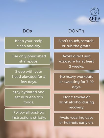 Here are the crucial "Dos and Don'ts" to follow after your hair transplant. Following these instructions, like keeping the scalp clean and avoiding sun exposure, is vital for proper healing and the best results.
