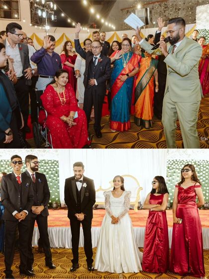 Fun and games are a great way to get everyone involved. Here, I'm hosting a game with the couple and their families, ensuring the reception is interactive and entertaining for guests of all ages.