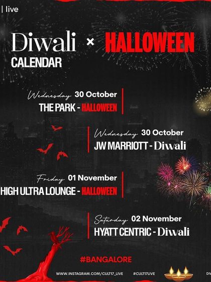 A combined "Diwali x Halloween" event calendar for Bangalore. I create themed promotional materials for festive seasons, capitalizing on the holiday spirit to market multiple events at once.