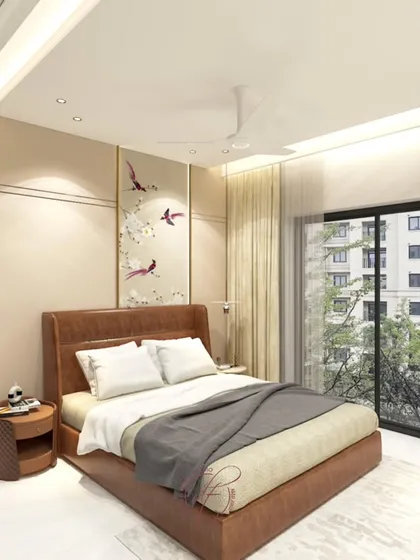 A view of the bed and the large window, showing how we visualize the interplay of natural light and interior design elements to create a bright and airy space.