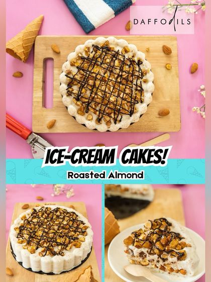 Savor my Almond Praline Ice Cream Cake, with layers of creamy almond praline ice cream, moist vanilla sponge, and generous heaps of roasted almonds. It is a perfect harmony of creamy textures and nutty crunch.