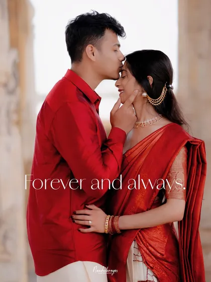 A close-up of a forehead kiss with a "Forever and always" text overlay, perfect for a save-the-date.