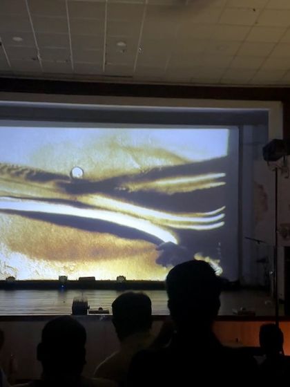 The audience watches as I create a story with sand. The dark auditorium and glowing screen make for a very dramatic and immersive experience.