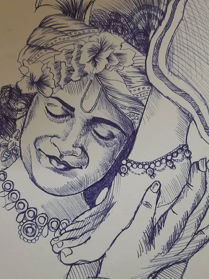 A simple yet emotional ballpoint pen drawing of Lord Krishna holding Radha's feet. This type of sketch allows me to express devotion in a quick and personal way.