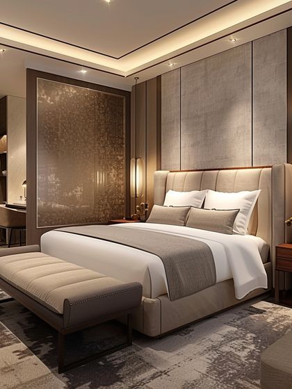 This bedroom showcases elegance in every detail. I designed it with an illuminated tray ceiling, textured wall panels, bespoke lighting, and a plush upholstered bed to create a perfect blend of contemporary style and timeless comfort.