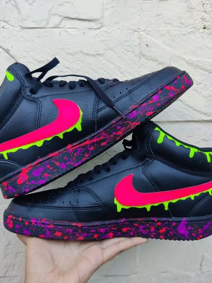 A full view of the neon splatter custom. This pair is all about being loud and having fun.