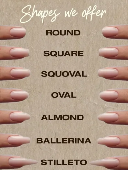 Almond, stiletto, square, or something in between? This guide shows the different nail shapes we can create. We'll help you pick the perfect shape to fit your hands and your style.