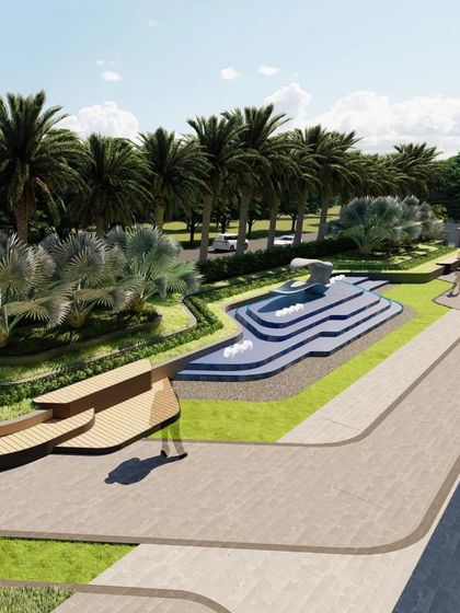 An overhead view of the commercial landscape design, emphasizing fluidity. The design includes stepped green planters, curving pathways, and a unique stepped wooden seating area.