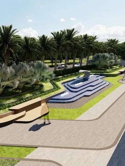 An overhead view of the commercial landscape design, emphasizing fluidity. The design includes stepped green planters, curving pathways, and a unique stepped wooden seating area.