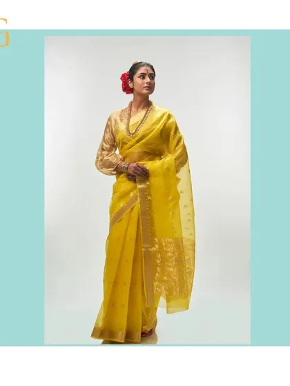 This cadmium yellow silk organza saree is bright and cheerful, adorned with delicate gold zari buttis and a floral pallu.