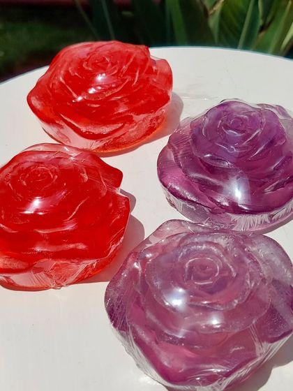 A closer look at my crystal rose soaps. The detailed petals and translucent quality make them look like glass sculptures.