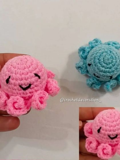 Our mini crochet octopuses are available in a variety of colors, like this sweet pink and cool blue. Their small size makes them perfect for tiny hands or as a cute keychain charm.