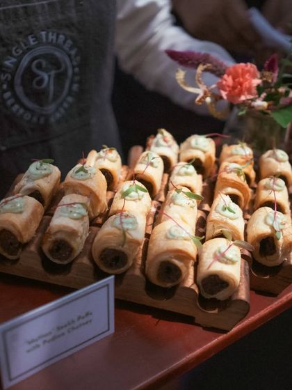 My plant-based "Mutton" seekh puffs with pudina chutney. A savory and satisfying bite that proves plant-based food can be incredibly delicious.