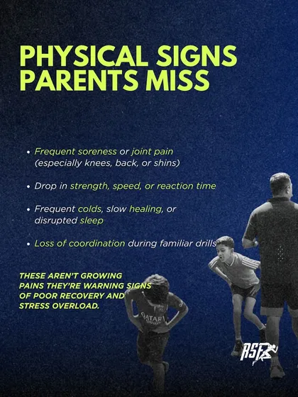 Parents often miss these physical signs of overtraining. Frequent soreness, a drop in performance, or loss of coordination are not "growing pains." They are warning signs of poor recovery and stress overload.