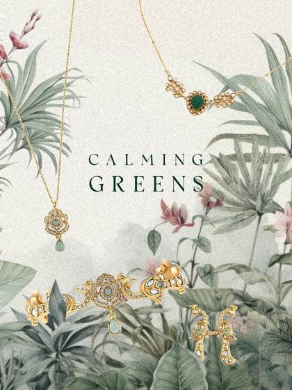 A collection of calming greens. This artistic flat lay displays various pieces with green semi-precious stones, from the Mehr Peacock Ring to the Rosa Dainty Necklace, offering versatile options for festive styling.