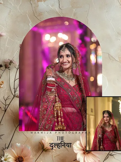 Capturing the essence of "The Dulhaniya". This portrait of Pooja, with a soft, floral frame and beautiful lighting, highlights her joyful smile and stunning bridal look.