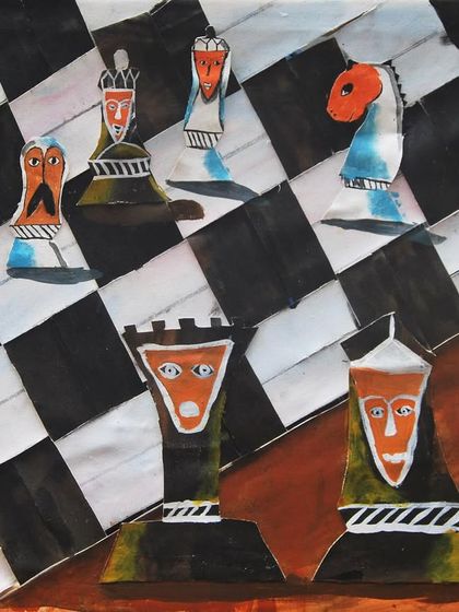 A chessboard comes to life with personality and perspective. This student used the weaving technique to create a distorted and dynamic playing field, giving each chess piece a unique, expressive face.
