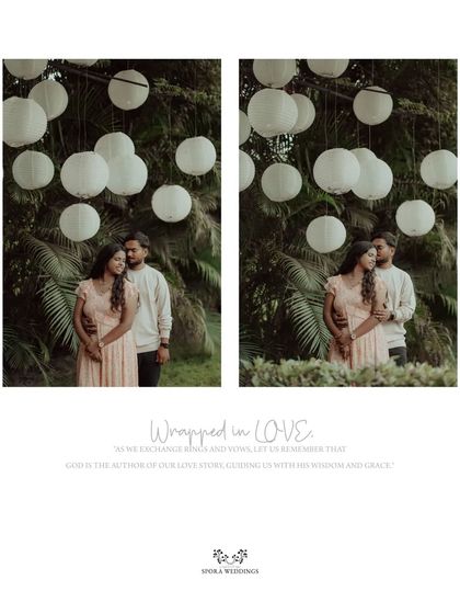 A beautifully designed collage of the couple under hanging paper lanterns, a romantic and magical setting.