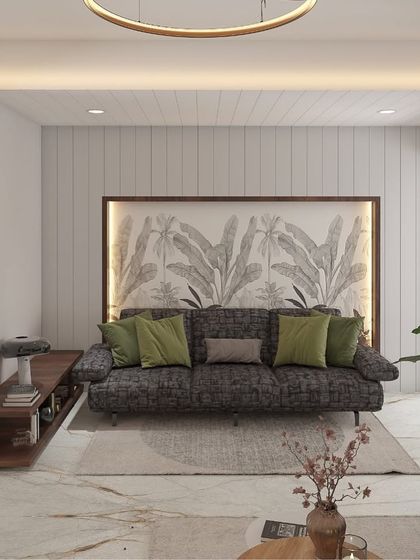 This render illustrates a cozy living area with a focus on texture and pattern. The feature wall with a monochrome botanical print, combined with the comfortable sofa and warm wood accents, creates a space that feels both modern and inviting.