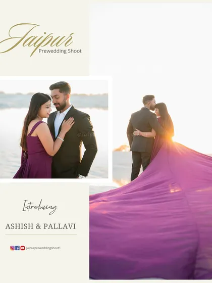 A branded image for Ashish and Pallavi, showcasing the stunning visual of the purple gown against the golden sunset, a perfect example of our dramatic landscape photography.