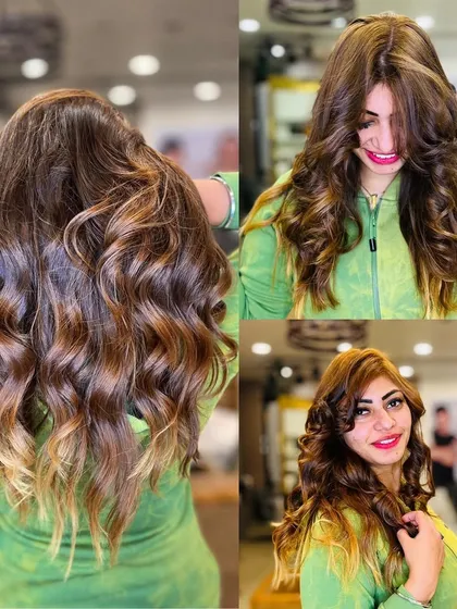 A collage of a client with beautiful, long, wavy hair featuring soft balayage highlights. She looks happy and confident with her gorgeous new hair.