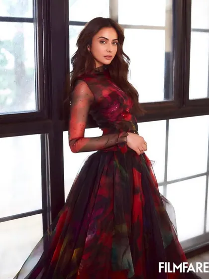 Another look from the Filmfare editorial with Rakul Preet Singh. This dramatic floral Gauri and Nainika gown provided a beautiful, romantic contrast, showcasing my ability to style different moods within a single shoot.