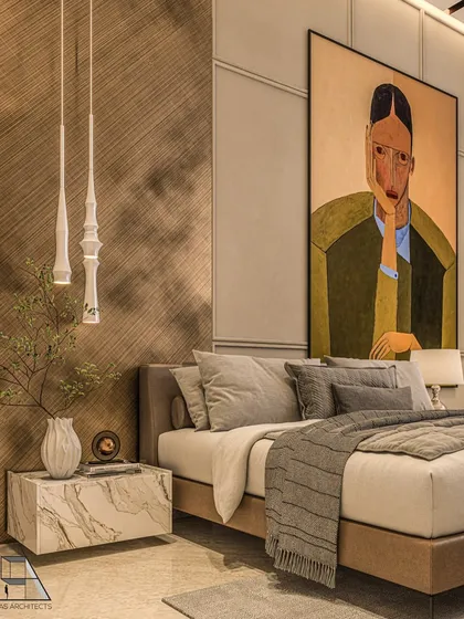 This bedroom features a textured, crosshatch-patterned accent wall and modern, sculptural pendant lights. A floating marble-clad nightstand adds a touch of luxury to the minimalist design.