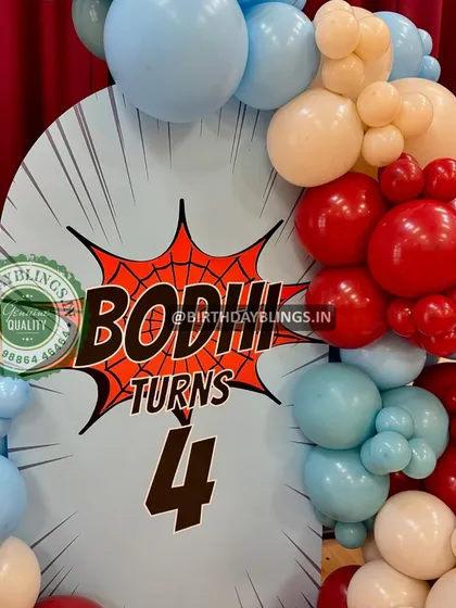 A close-up view of the personalized "Bodhi turns 4" comic explosion graphic, showing the custom details I can incorporate.