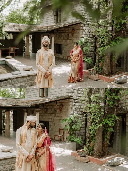 A collage showing the couple's first look and a sweet embrace.