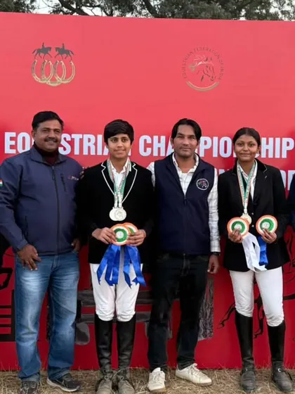 The support team and I with our champion riders Yug and Reya after their successful medal run at the JNEC Eventing competition in 2024.