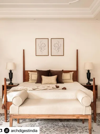 The master bedroom of the Ivy Lane Villa, recognized for its serene and timeless design. The four-poster bed and muted color palette create a restful retreat, demonstrating my ability to design spaces that are both grand and deeply calming.