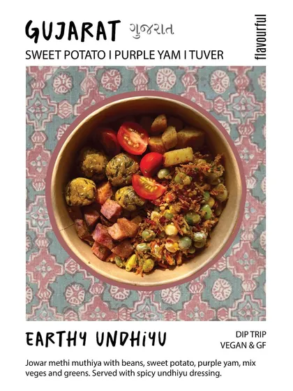 Our Earthy Undhiyu salad is a take on the classic Gujarati winter dish. It features jowar methi muthiya, sweet potato, purple yam, and beans, all tossed in a spicy undhiyu dressing for a warm, flavorful meal.