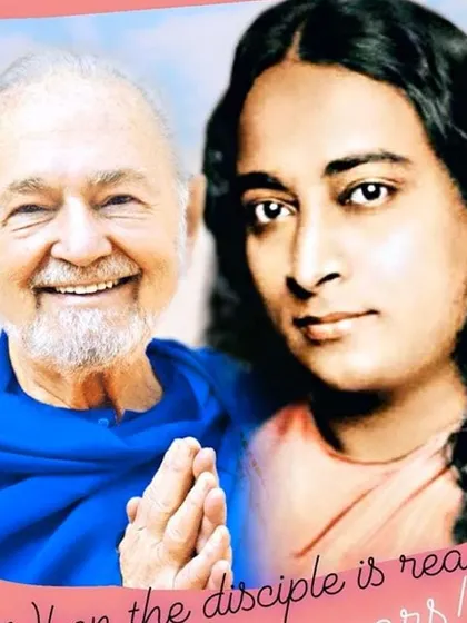 "When the disciple is ready, the Guru appears." A beautiful image showing the divine bond between Paramhansa Yogananda and his disciple, Swami Kriyananda.