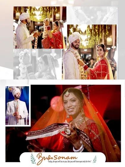 An example of a page from one of our premium wedding albums. This layout shows how I combine key moments, like the varmala ceremony and solo portraits, into a beautifully designed spread that tells the story of your day.