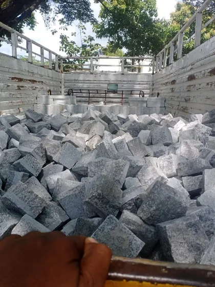 A full truckload of natural grey cobblestones, ready for dispatch. This is how I handle bulk orders, ensuring you have all the materials you need delivered directly to your site.
