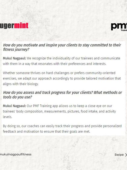 I had the pleasure of being interviewed by Sugermint India about my journey as a fitness expert and the founder of PMF Training. This carousel shares excerpts from our conversation.