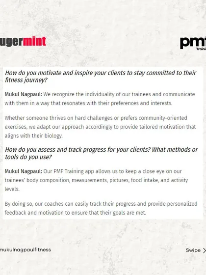 I had the pleasure of being interviewed by Sugermint India about my journey as a fitness expert and the founder of PMF Training. This carousel shares excerpts from our conversation.