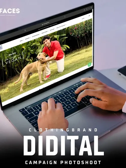 A shot of a laptop showing a vegan fashion brand's website, featuring a model with a dog. We create lifestyle images that communicate your brand's values, such as sustainability and ethical practices.