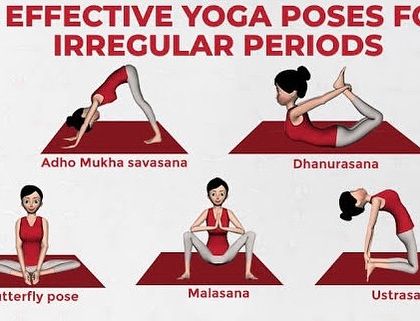 This chart shows five effective yoga poses I recommend for irregular periods. It includes Downward-Facing Dog, Bow Pose, Butterfly Pose, Garland Pose, and Camel Pose, all of which help in balancing hormones.