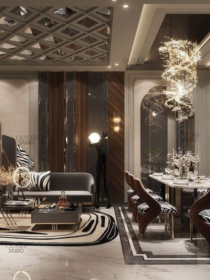 This living and dining space combines bold patterns with luxurious materials. The double-height dining area is anchored by a mesmerizing chandelier, while zebra-print accents and a coffered ceiling add a touch of playful opulence.