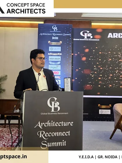 Our Principal Architect, Saleem Khan, speaking at the Architecture Reconnect Summit. He shared insights on making sustainable design both affordable and accessible, a core principle of our practice.