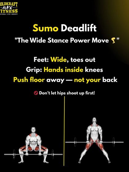 The Sumo Deadlift is a wide-stance power move. Keep your hands inside your knees and focus on pushing the floor away, not pulling with your back.