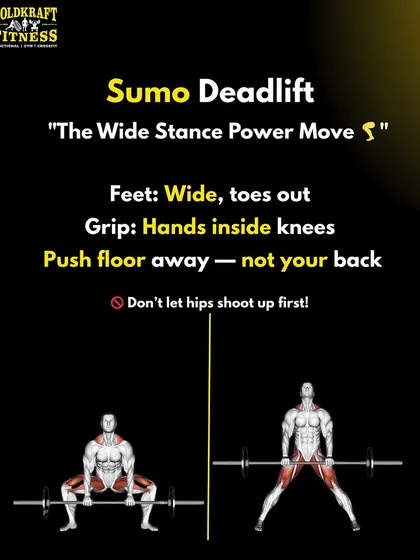 The Sumo Deadlift is a wide-stance power move. Keep your hands inside your knees and focus on pushing the floor away, not pulling with your back.